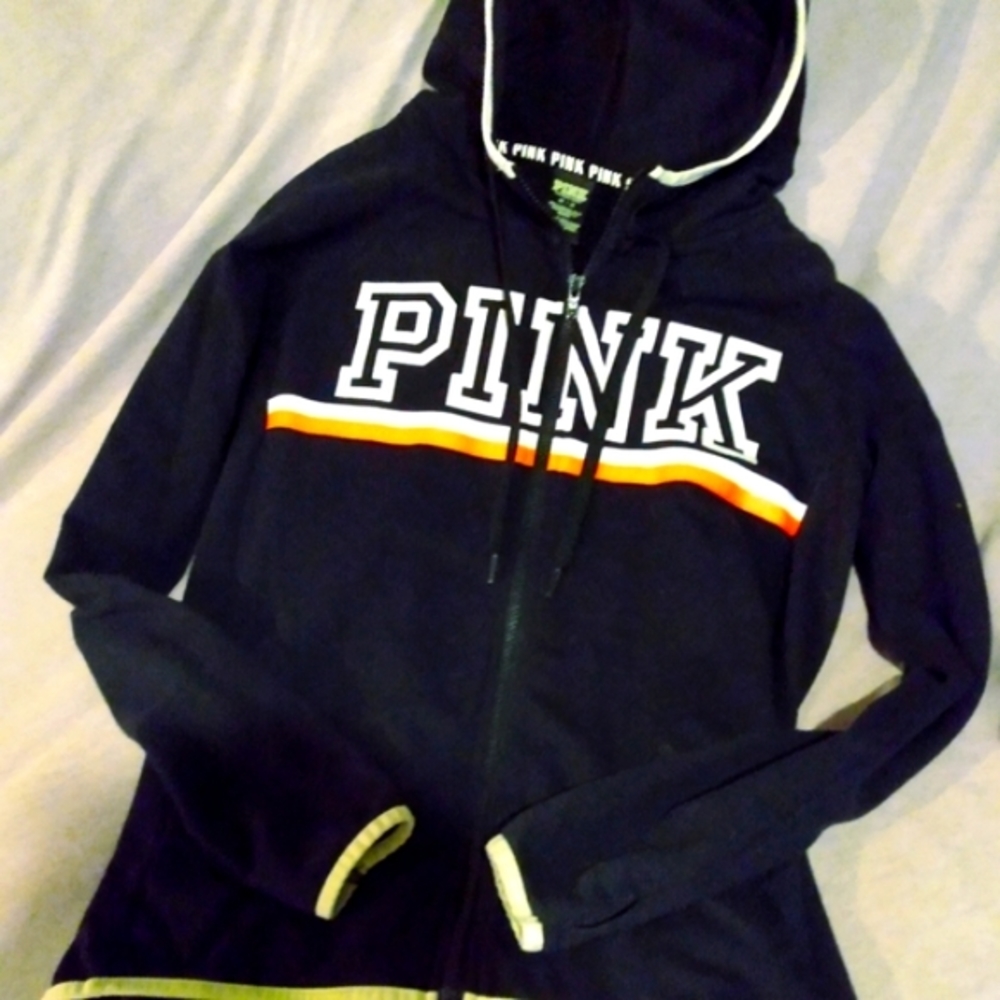VS Pink black zip-up hoodie with white & orange reflective logo Size M